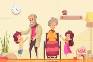 Illustrasjon av eldre mennesker sammen med små barn.
