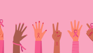 Illustrasjon. Seks hender med rosa sløyfe symboler.