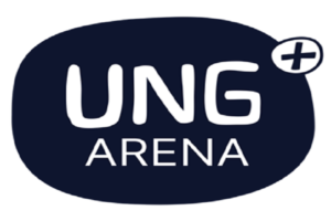 Logo til prosjektet Ung Arena +. Sort bakgrunn med hvit skrift.