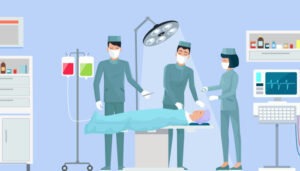 Illustrasjon - pasient på operasjonsbord med tre grønnkledde leger/sykepleiere rundt.