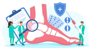 Illustrasjon av en fot, tre ortopeder og medisinsk utstyr.