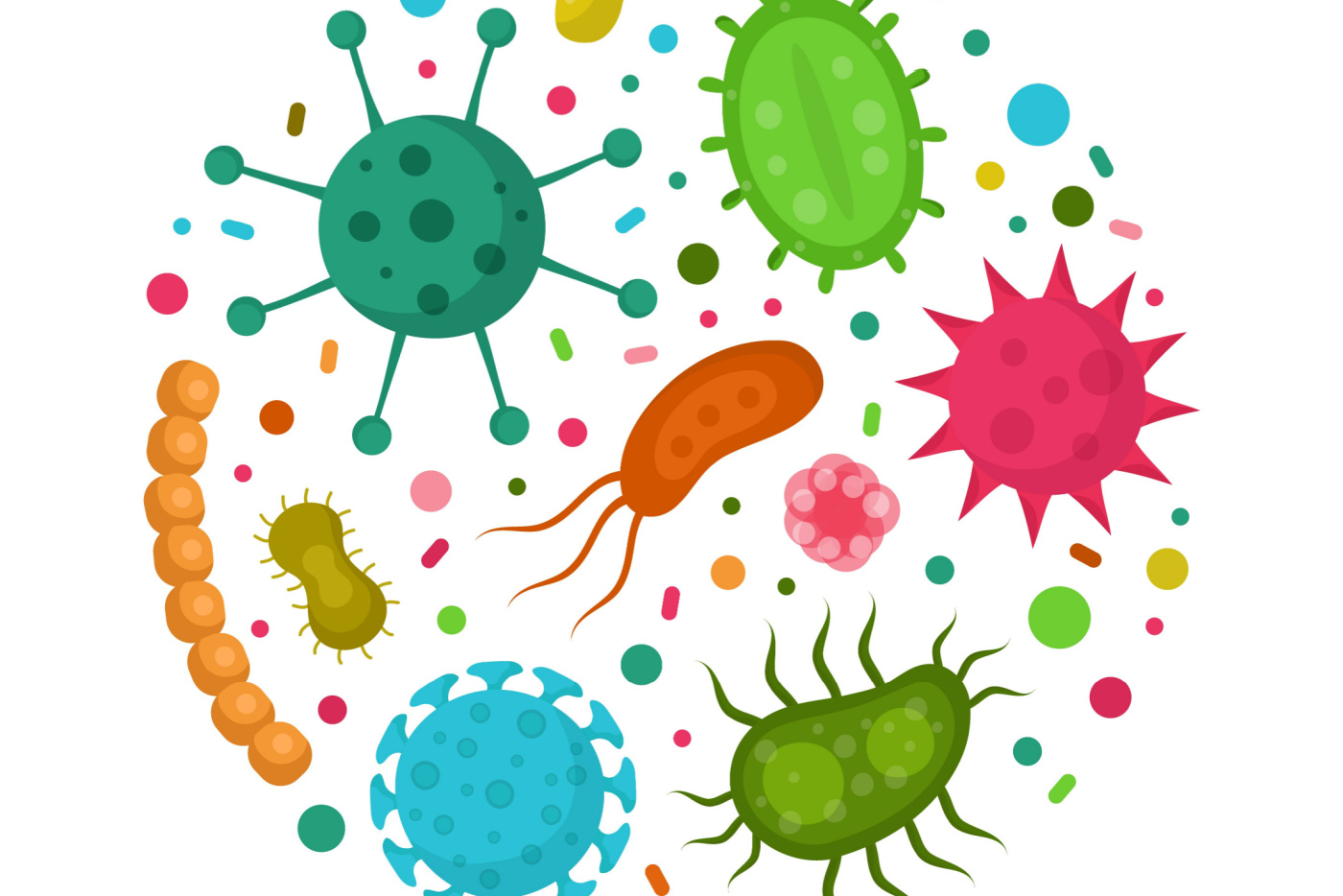 Illustrasjon: Shutterstock, av bakterielle mikroorganismer i en sirkel med ulike farger. Forskjellige bakterier, virus, sopp