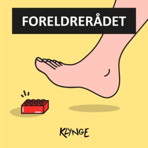 Logoen til den norske podkasten "foreldrerådet". Illustrasjon av en fot som er på vei til å trampe på en legobrikke.