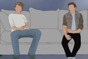Illustrasjonsbilde av to gutter som sitter i en sofa. Den ene holder en sprøyte med narkotika.
