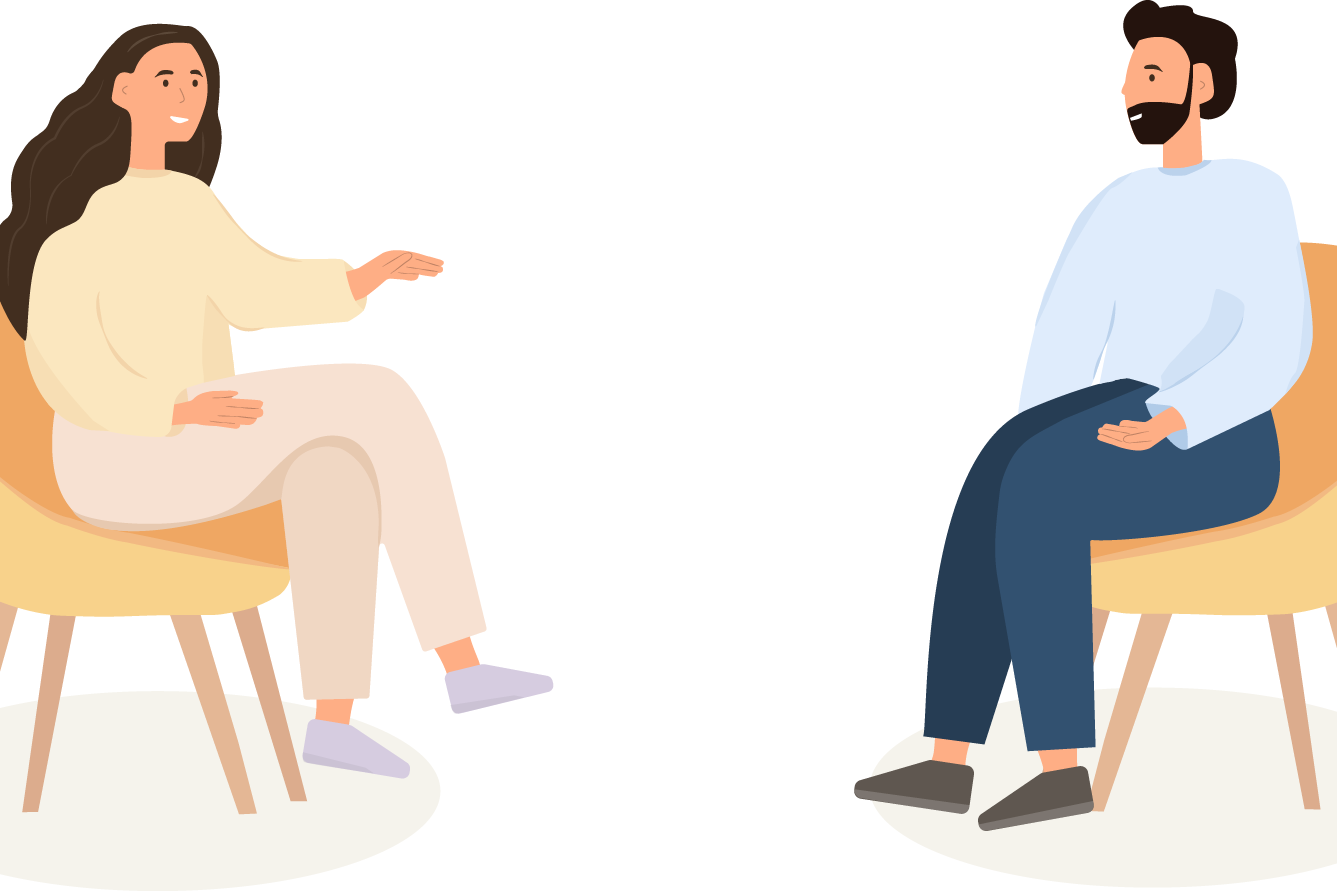 Illuistrasjonsbilde av en mann og en kvinne som sitter i hver sin stol ovenfor hverandre og prater