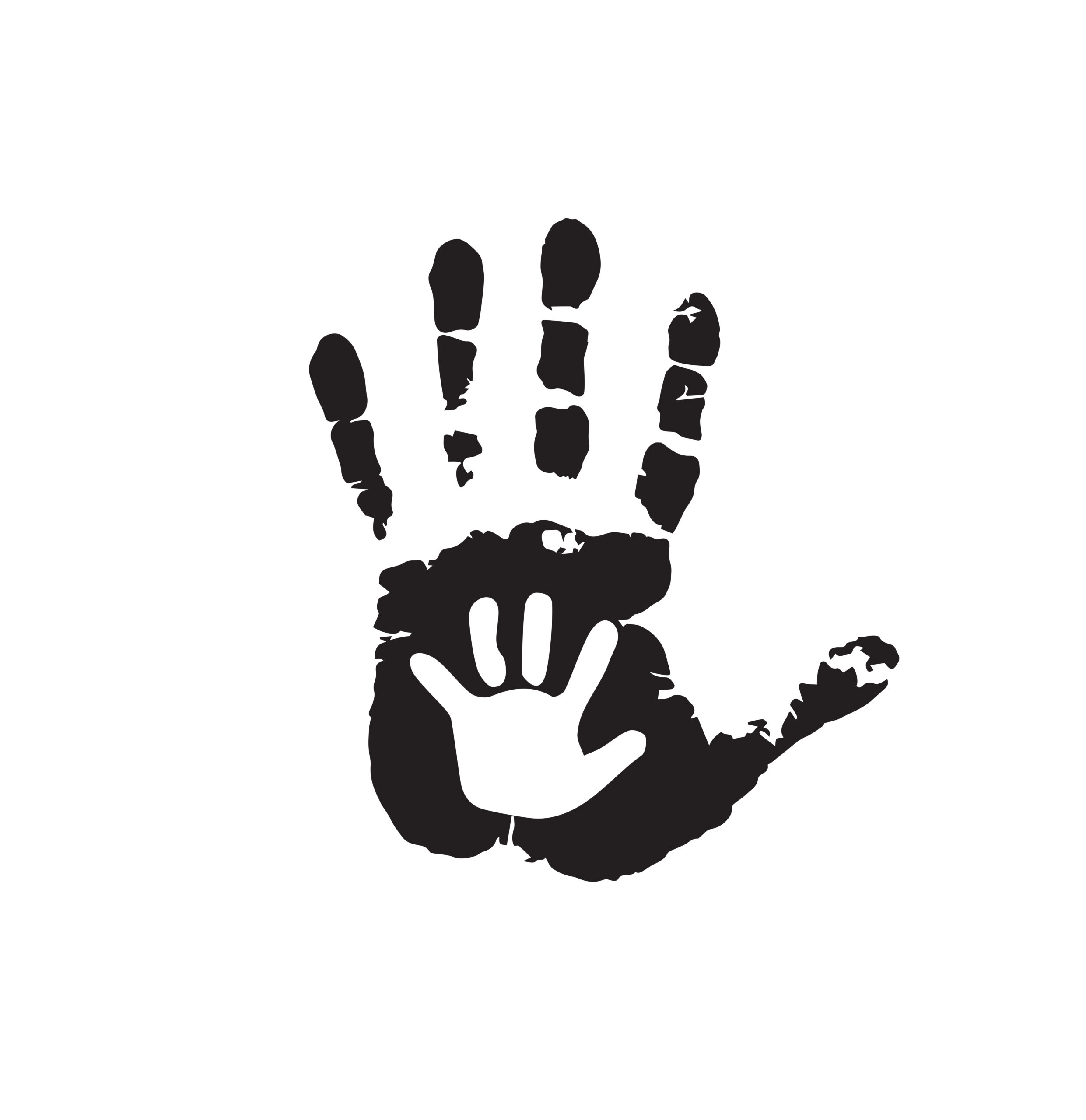 Black,And,White,Silhouette,Of,Adult,And,Baby,Hands,On Svart håndavtrykk av voksen hånd med et lite barns hånd i midten.