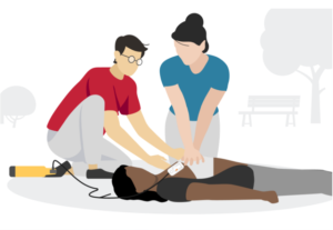 To mennesker utfører hjerte-lungeredning på en person som ligger på bakken.