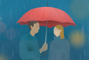 illustrert bilde av Mann og kvinne i regnvær under en paraply. Hentet fra E-læringskurset "Selvmordsforebygging".
