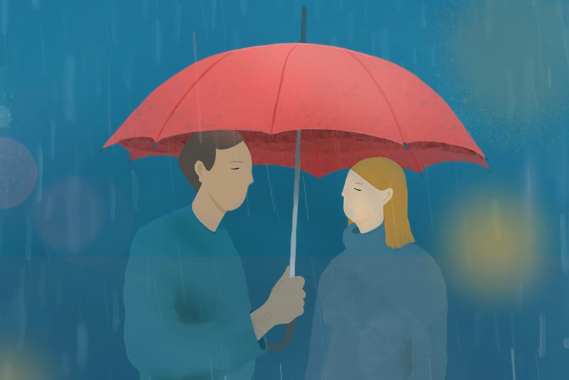 illustrert bilde av Mann og kvinne i regnvær under en paraply. Hentet fra E-læringskurset 