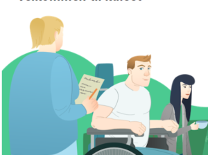 Illustrasjonsbilde av mann i rullestol med ledsager og helsepersonell