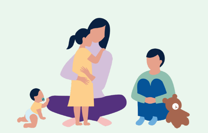 Illustrasjon av tre barn og en mor som har ett barn i armene sine
