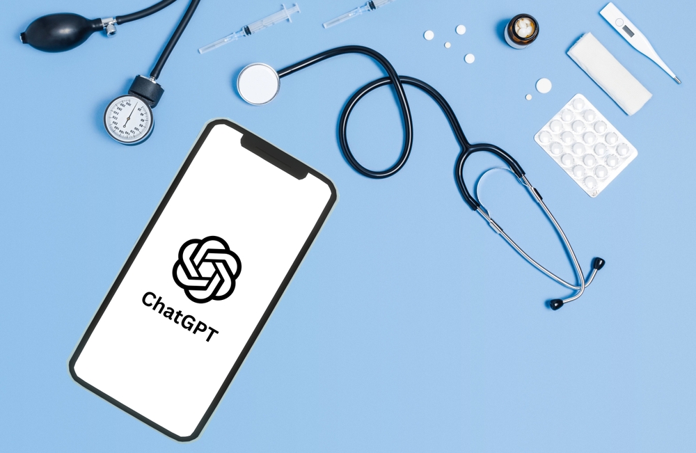 Chatgpt,In,Medical.,Chatgpt,In,Medical,And,Health,Chatgpt,Is Illustrasjon av mobil med chatgpt-logoen, omringet av helserelaterte verktøy
