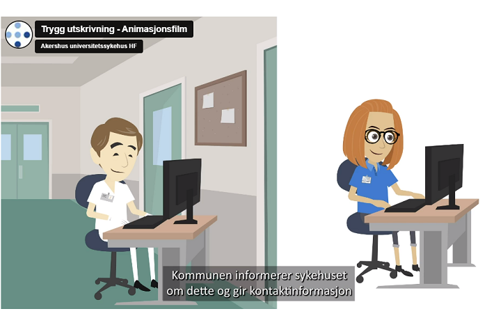 Skjermdump fra film, animert: En mann i hvit uniform sitter ved en PC på bilde til venstre, en kvinne i blå uniform sitter ved en PC på bildet til høyre