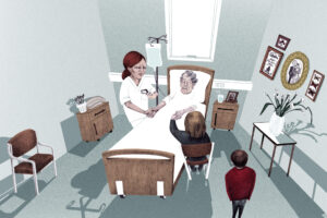 Fargetegning av døende pasient i seng med pårørende og helsepersonell rundt sengen