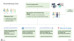 Bildet viser en organisasjonsstruktur for Helsefellesskap Oslo. På venstre side av bildet er det en grønn boks som heter “Møteplass Oslo” med punkter som nevner formålet som er; medisinsk samhandling og utvikling av prosedyrer og tjenestemodeller. Til høyre for dette er det en fremstilling av hvordan Helsefellesskap Oslo er bygget opp. Øverst er det en grønn boks som illustrerer “Partnerskapsmøtet.” Det er et årlig møte for å forankre retning i samhandlingen, avbildet med ikoner av mennesker som representerer kommunehelsetjenesten og spesialisthelsetjenesten. Under er det en ny grønn boks som illustrerer “Strategisk samarbeidsutvalg (SSU)”. Hovedformålet er fokusert på å utvikle strategier og handlingsplaner og håndtere løpende beslutninger. Til høyre er det en ny grønn boks som illustrerer at Partnerskapsmøte og Strategisk samarbeidsutvalg har et felles sekretariat. Nederst på illustrasjonen er det fire grønne bokser som representerer lokale samarbeidsutvalg (LSU) for de fire ulike sykehussektorene i Oslo: Akerhus universitetssykehus, Lovisenberg Diakonale Sykehus, Oslo universitetssykehus og Diakonhjemmet Sykehus. Hvert sykehuslogo vises ved siden av sin respektive grønne boks. Bakgrunnen er hvit med elementer som er omrisset i grønne linjer eller fylt med grønn farge. Nederst på venstre side er oslo kommunelogoen avbildet. Foto: Oslo kommune
