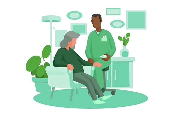 Illustrasjon av lege og pasient, i ulike grønnfarger