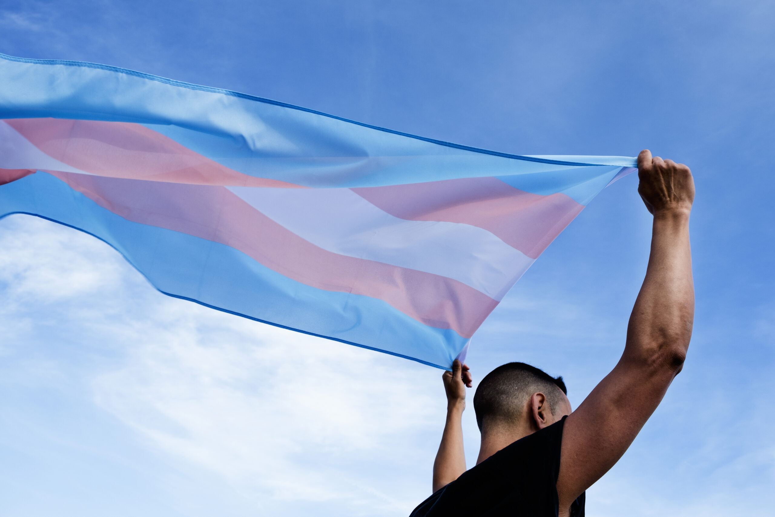 young person with a transgender pride flag Fotografi av mann som holder et transflagg over hodet