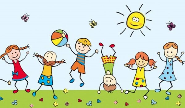 illustrasjon av barn som leker på gressplen