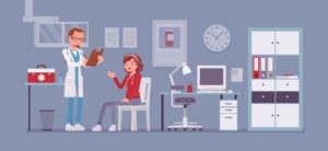 Illustrasjon av et legekontor med lege og pasient.