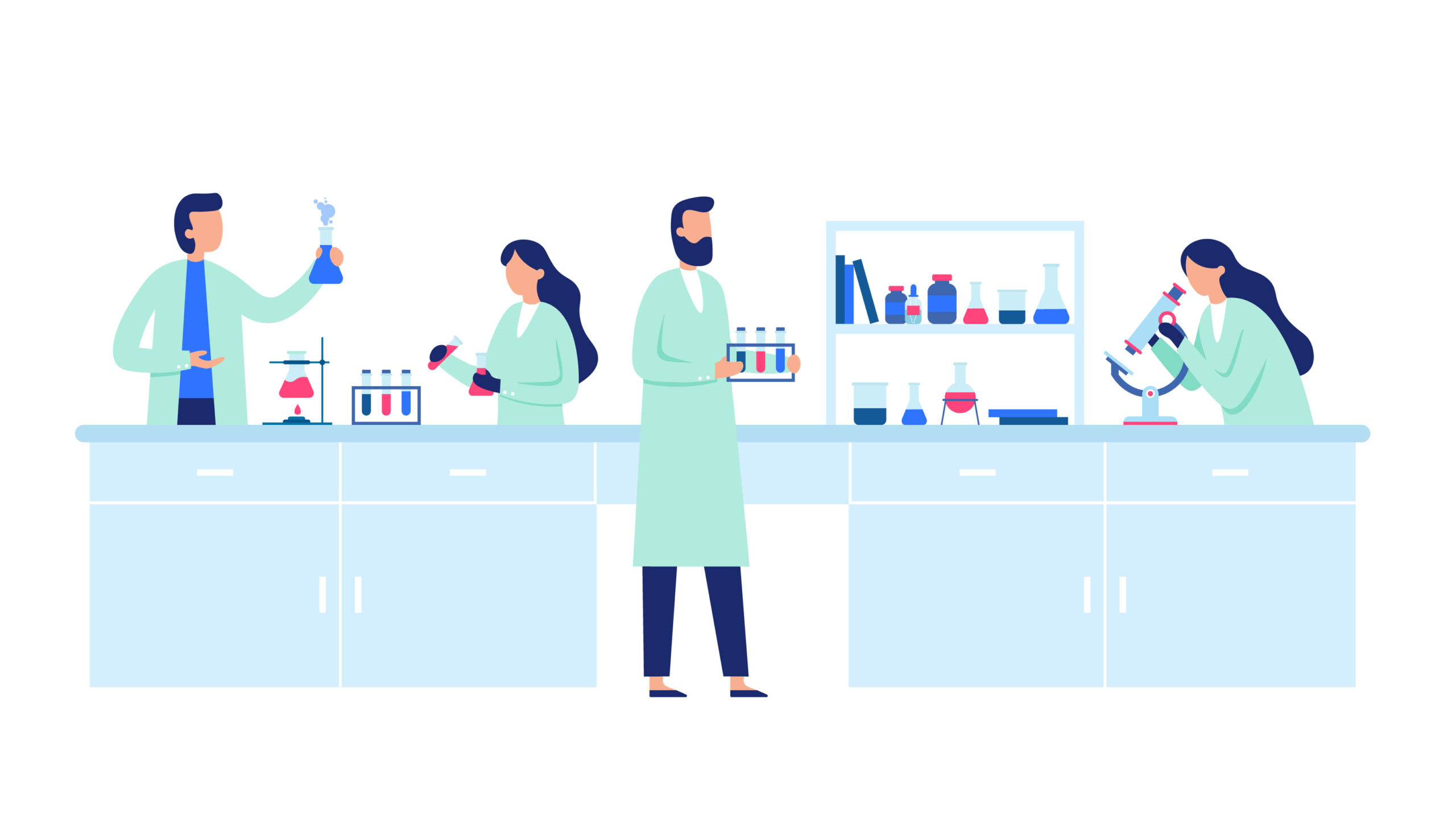 Scientific,Research.,Scientist,People,Wearing,Lab,Coats,,Science,Researches,And Illustrasjon av forskere i et laboratorium