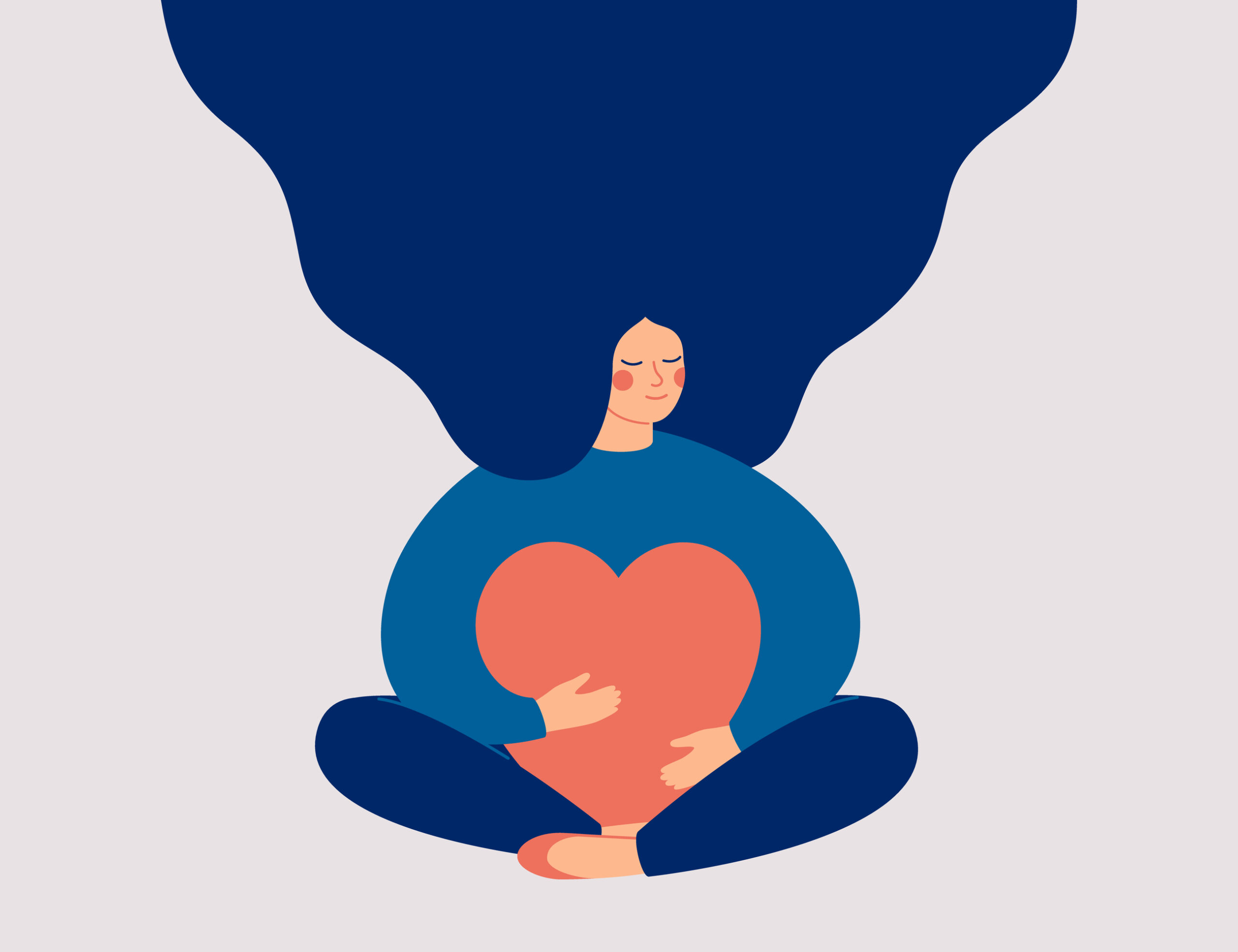 Young,Woman,Embraces,A,Big,Red,Heart,With,Mindfulness,And Illustrasjon av kvinne som sitter på bakken med et hjerte i fanget