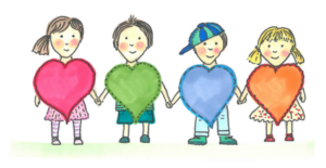 Illustrasjons tegning av fire barn, som holder hender. Hvert barn har et hjerte foran seg.