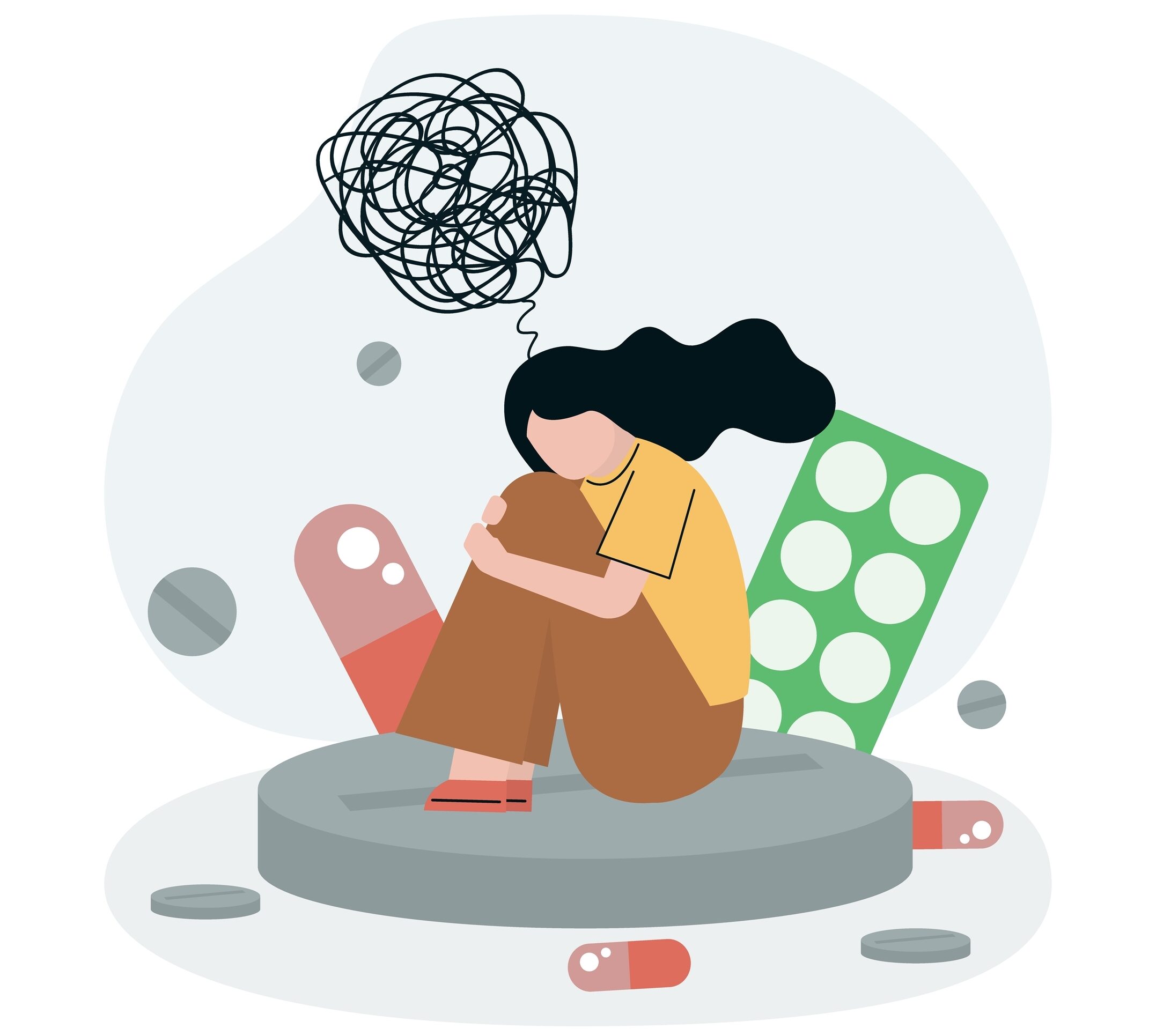 Woman,With,Depression,Sitting,On,Big,Pill.,Girl,Have,Problems illustrasjon av jente som sitter på gulvet omringet av piller og kludrete tanker