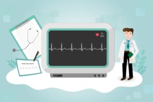 Illustrasjon av EKG apparat og mann som tolker EKG