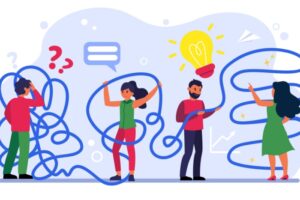 Illustrasjonsbilde av fire mennesker omgitt av en blå tråd og ikoner i form av spørsmålstegn, dialog og lyspære som illustrerer samarbeid og problemløsning.