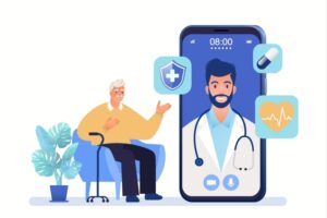 Illustasjon i farger av lege på mobiltelefon som kommuniserer med eldre pasient som sitter i stol