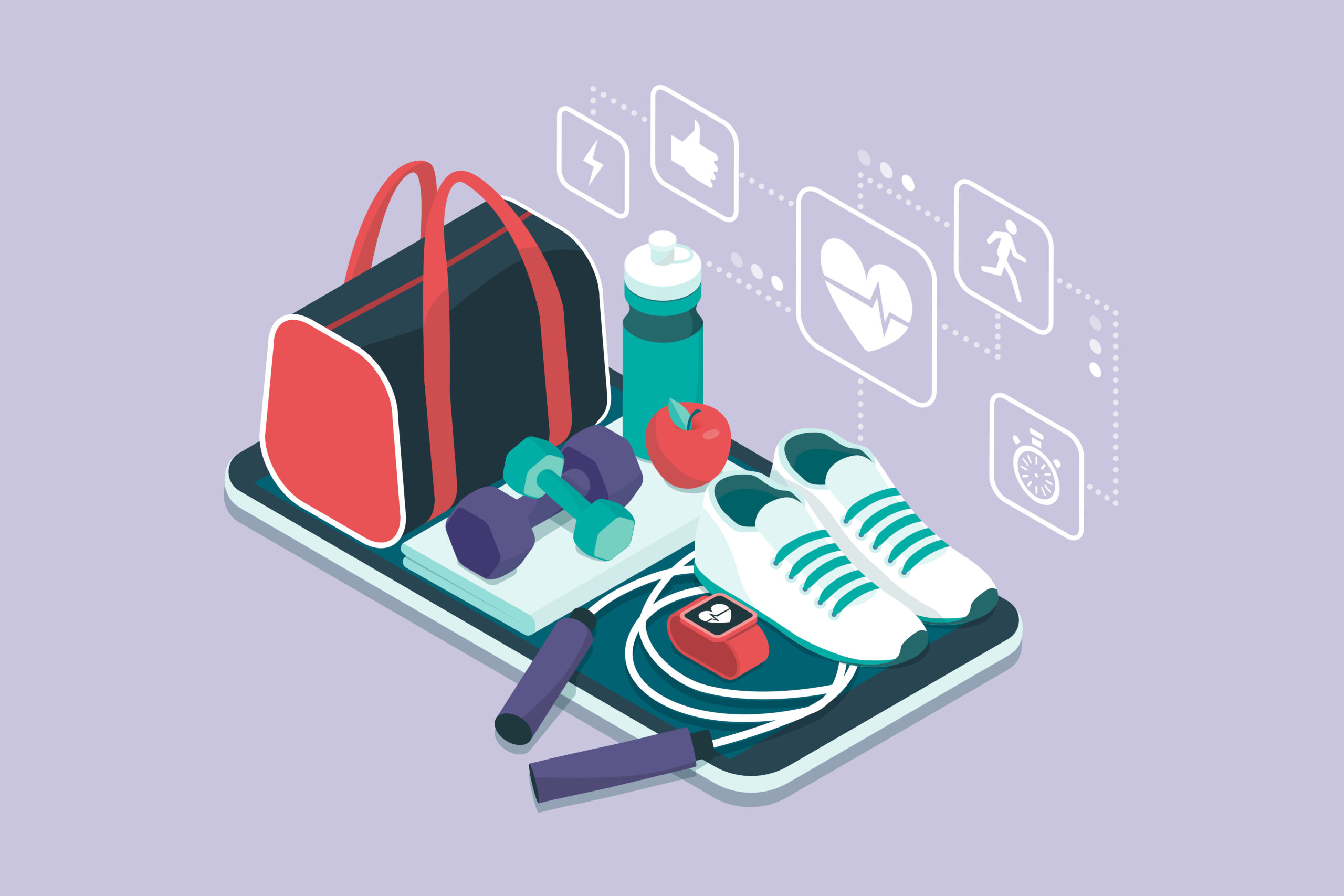 Fitness,,Training,And,Workout,App:,Sports,Equipment,And,Icons,On Illustrasjon av innholdet i en treningsbag