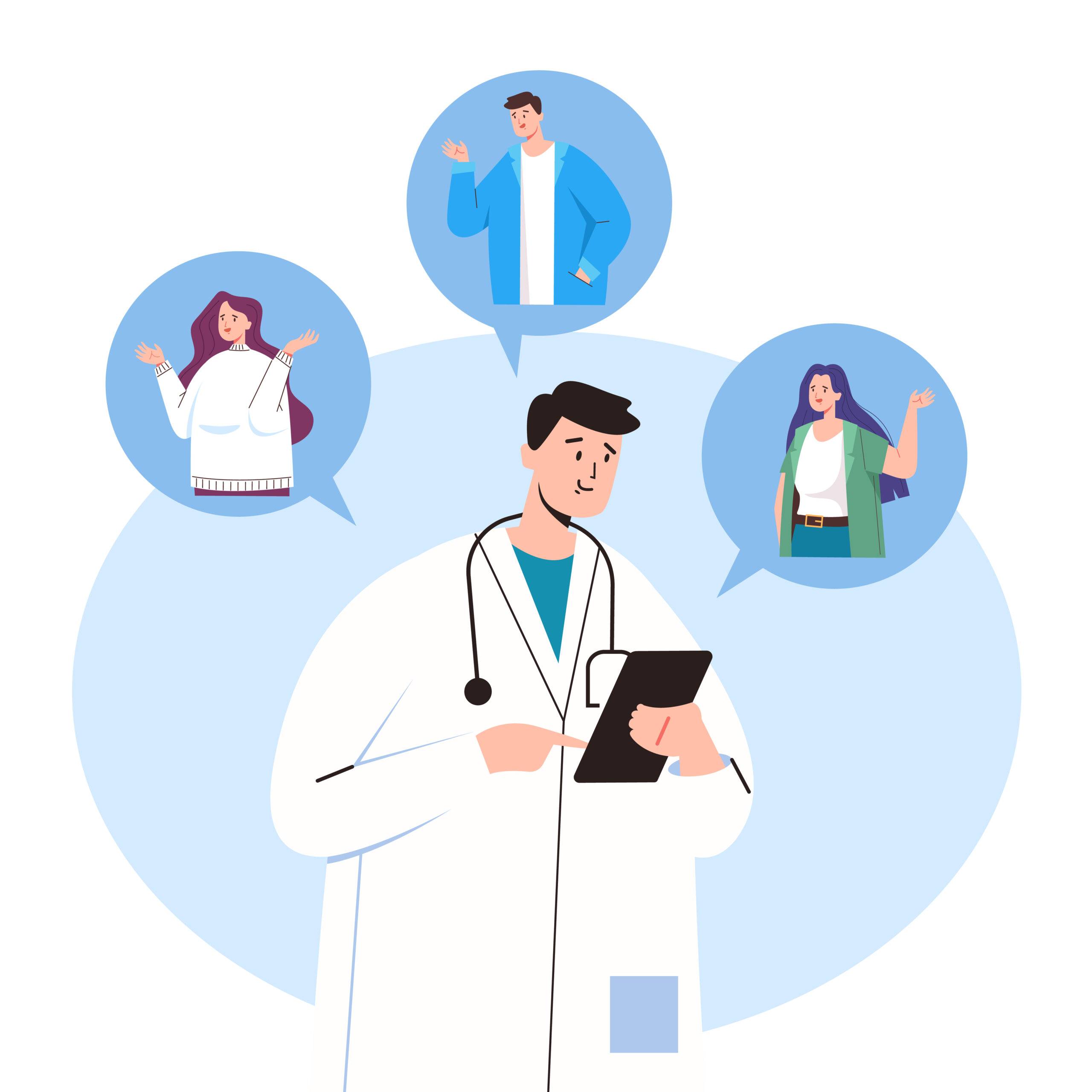 Online,Doctor,Consulting,Patients,By,Phone.,Vector,Flat,Graphic,Design illustrasjon av lege i dialog med pasienter