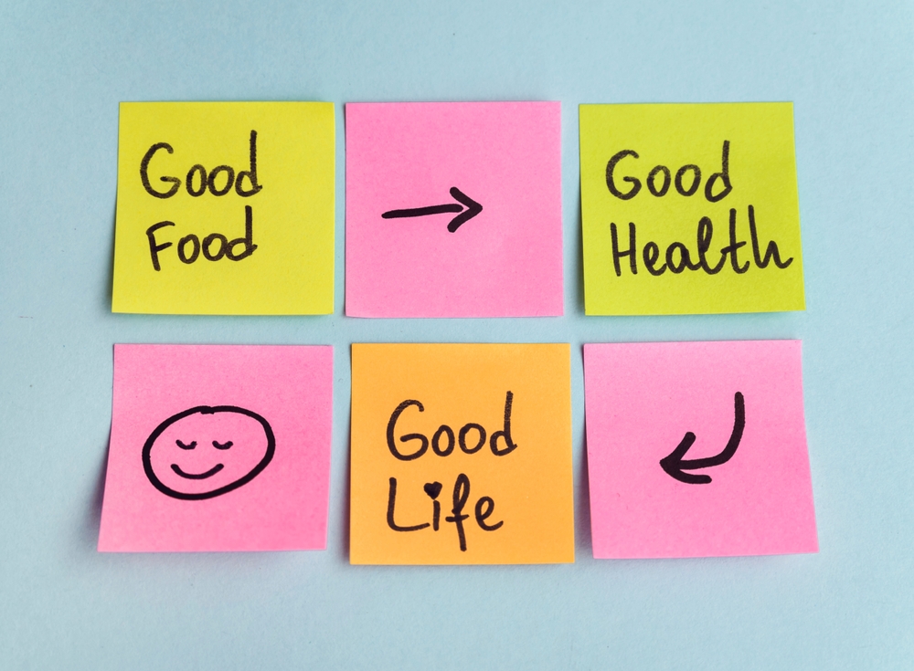 Good,Food,,Good,Health,,,Good,Life,Written,On,Sticky Fotografi av post-it lapper hengende på en blå bakgrunn.
