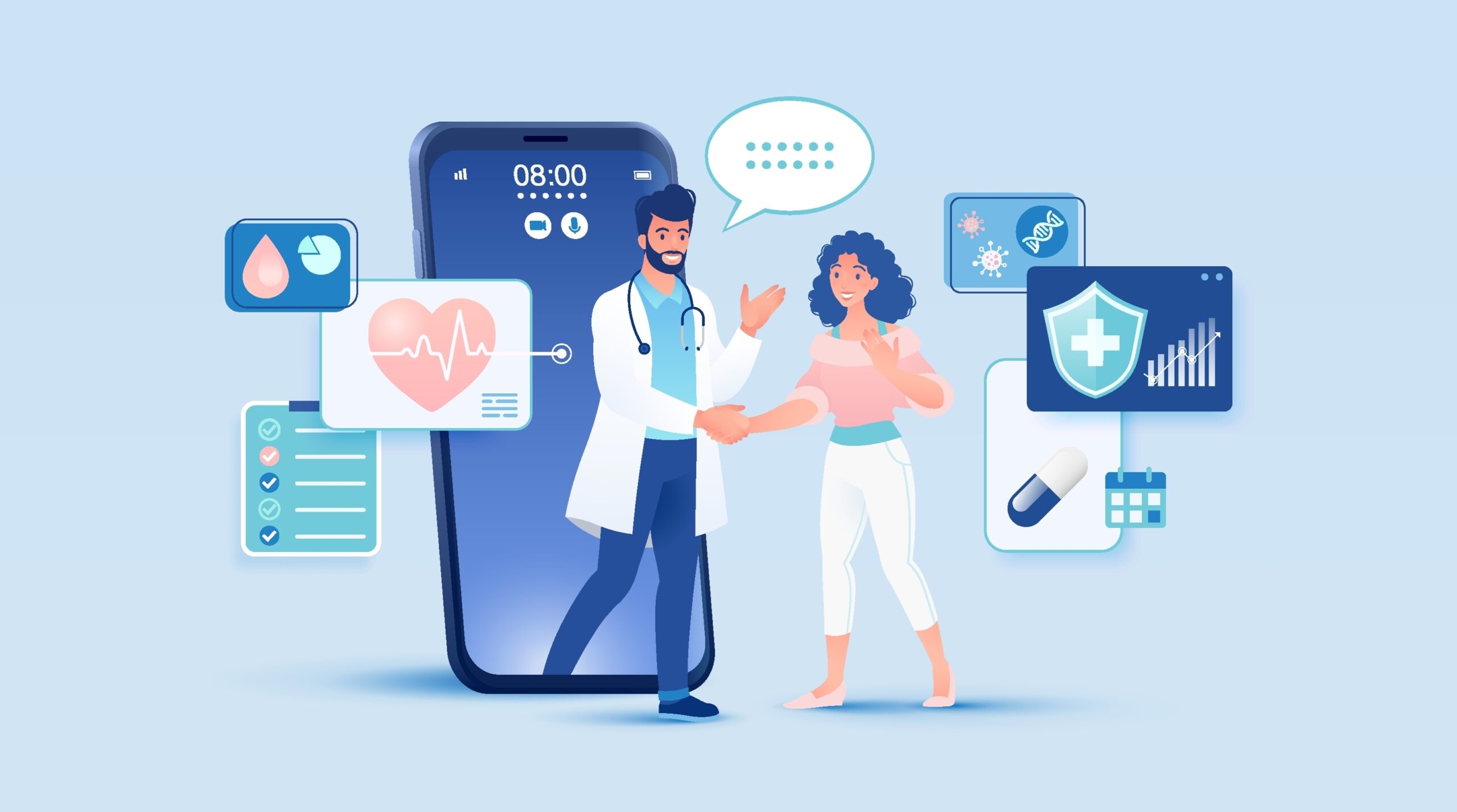 Telemedicine,Concept,Vector,Illustration.,Female,Patient,Seeing,Doctor,Using,Internet illustrasjon som demonstrerer digitale helsetjenester