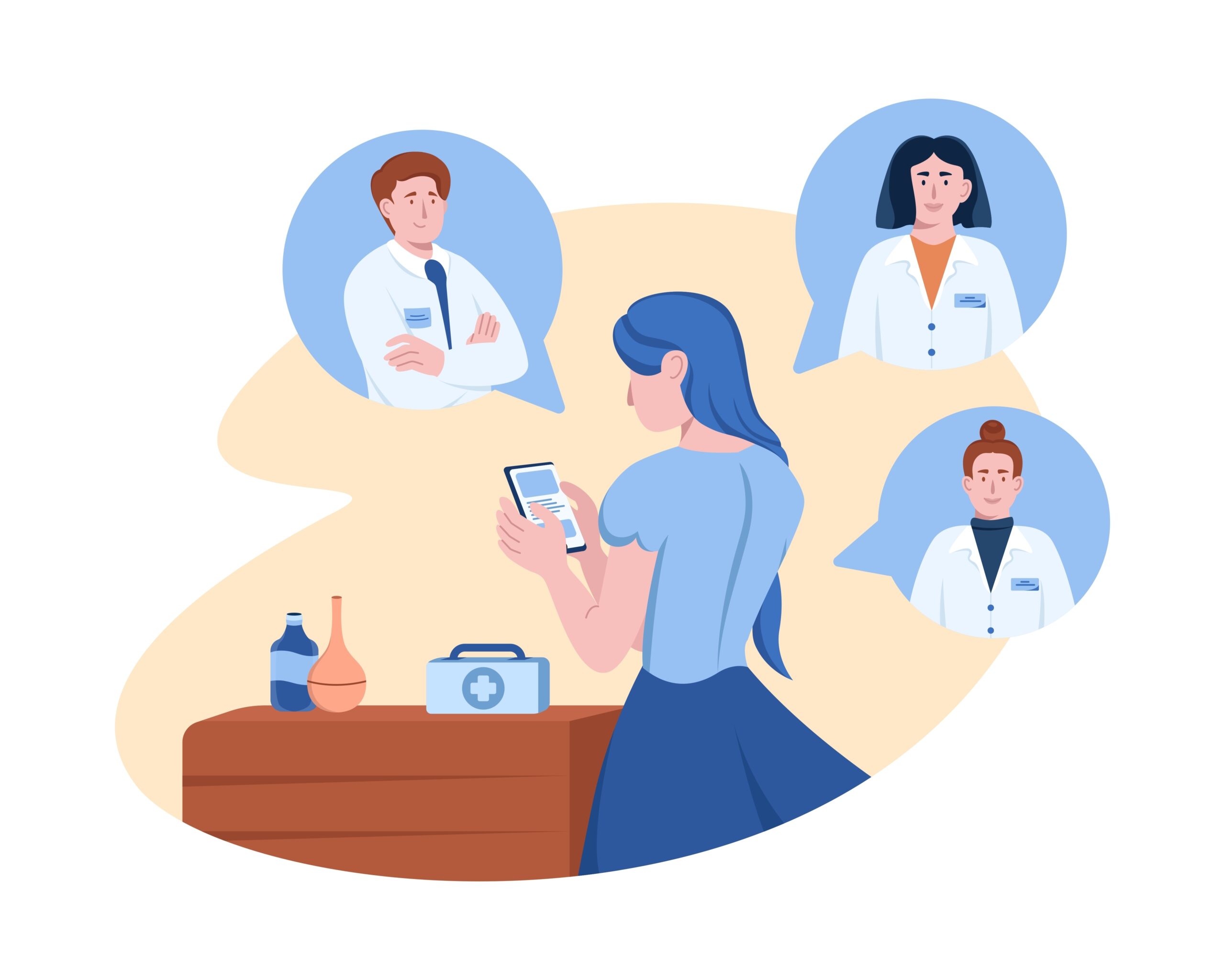 Female,Searching,For,Specialist,,Looking,At,Doctors,For,Online,Consultation. illustrasjon av kvinne i kontakt, digitalt, med helsepersonell