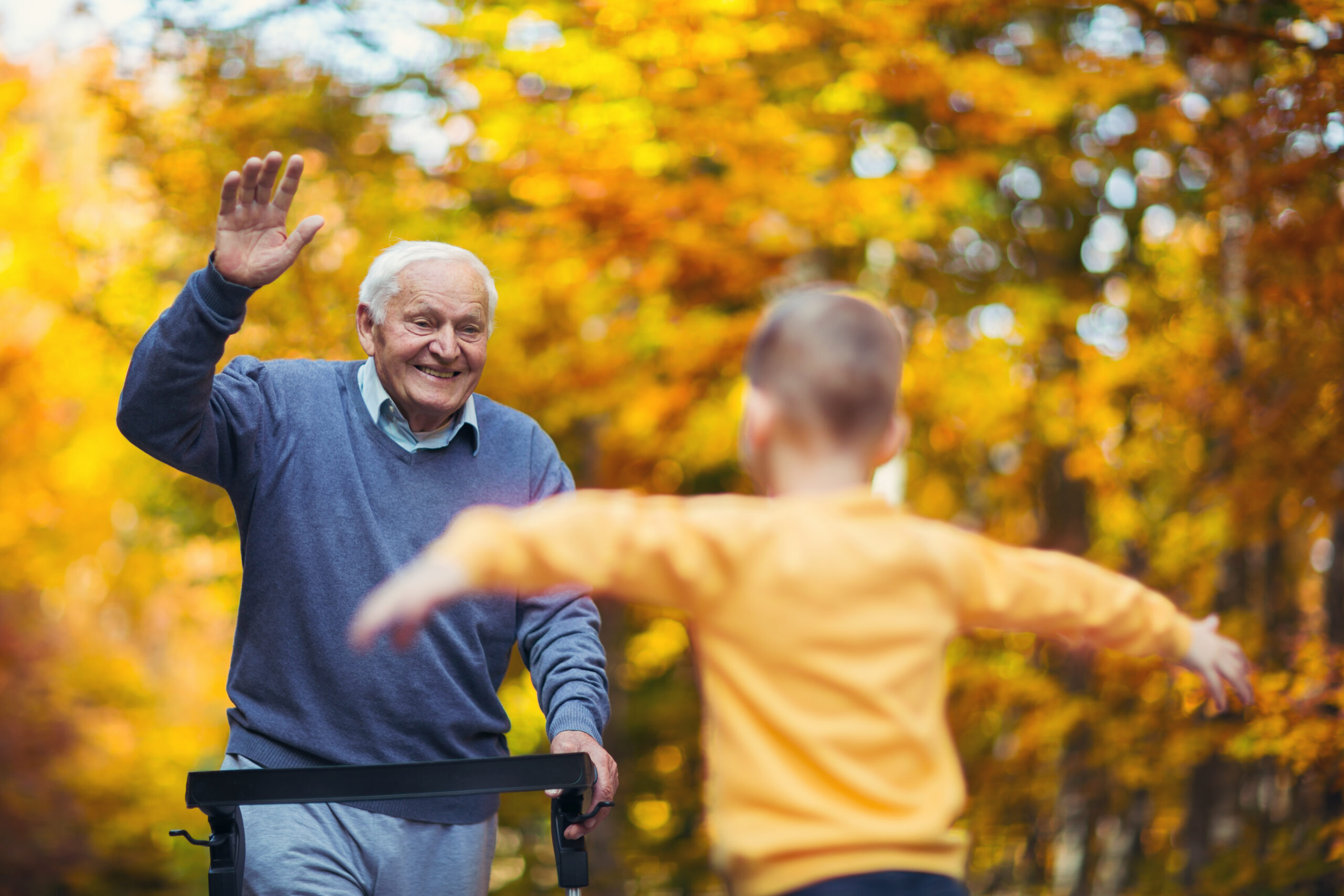 Cheerful,Disabled,Grandfather,In,Walker,Welcoming,His,Happy,Grandson Fotografi av eldre mann og barnebarn på vei mot hverandre i høstlig vær