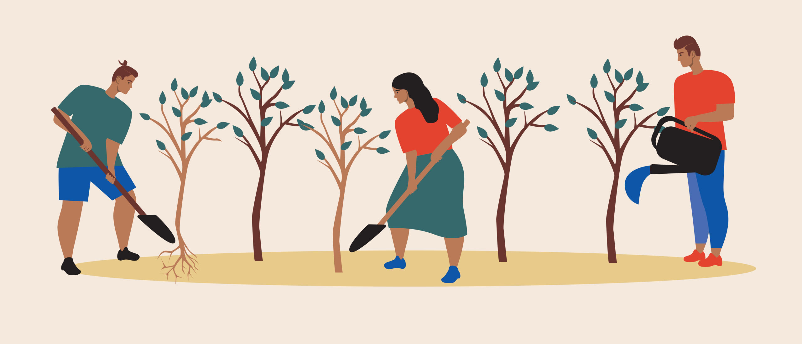 Volunteers,Are,Isolated,,Planting,A,Forest.,Flat,Vector,Stock,Illustration. Illustrasjon av tre mennesker som driver botanisk arbeid