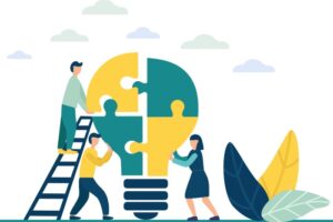 Illustrasjonsbilde av tre personer som er rundt en lyspære bestående av ulike puslebiter, illustrerende for samarbeid.