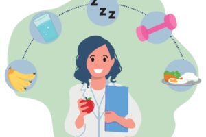 Illustrasjonsbilde av helsepersonell omsluttet av symboler ment å illustrere frukt, drikke, søvn, trening og mat. Bilde ment å illustrere klinisk ernæringsfysiolog.