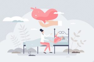 Illustrasjonsbilde av menneske liggende i seng med helsepersonell sittende på sengekanten, med hjerte og planter rundt. Ment å illustrere palliasjon.