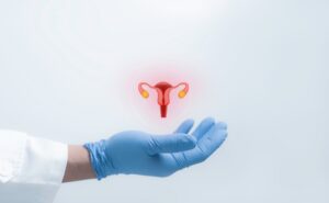 Bilde viser en hånd med hanske på son holder en virtuell uterus.