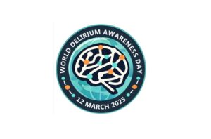 Logo til world delirium awareness, en sirkel med en hjerne inni.