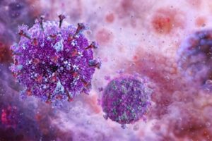 Illustrasjonsbilde som viser en tredimesjonalt illustrasjon av et HIV virus. Bilde er omgitt av ulike farger, hvor selve viruset er farget lilla.