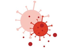 Illustrasjonsbilde av en tegning av et HIV virus med rød farge, med egen skygge bakenfor i lysere rød farge. Omgis av røde prikker.