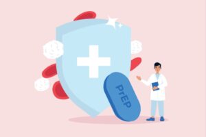 Illustrasjonsbilde av et skjold omgitt av blodceller og virusceller sammen med en tablett med teksten PREP inni. Ved siden av står et mannlig helsepersonell. Bildet er ment å illustrere medisinsk forebyggende PREP-behandling av HIV.
