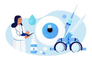 Illustrasjon av helsepersonell, øye, øyeinstrument