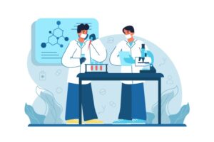 Illustrasjon av laboratoriemedarbeidere som analyserer prøver