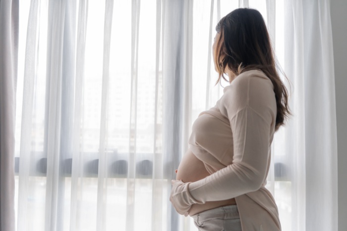 Shutterstock_2459409395 Gravid kvinne som holder seg på magen og ser ut av et vindu