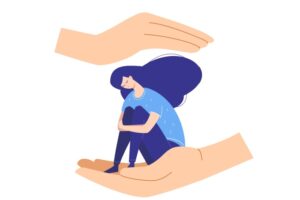 Illustrasjonsbilde som viser trist jente som omkranses av to hender. Bildet er ment å illustrere omsorg for ungdom.