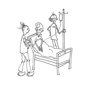 Tegning Heidi Skjerven/Illustrasjon over kommunikasjon ved behandling av pasient.